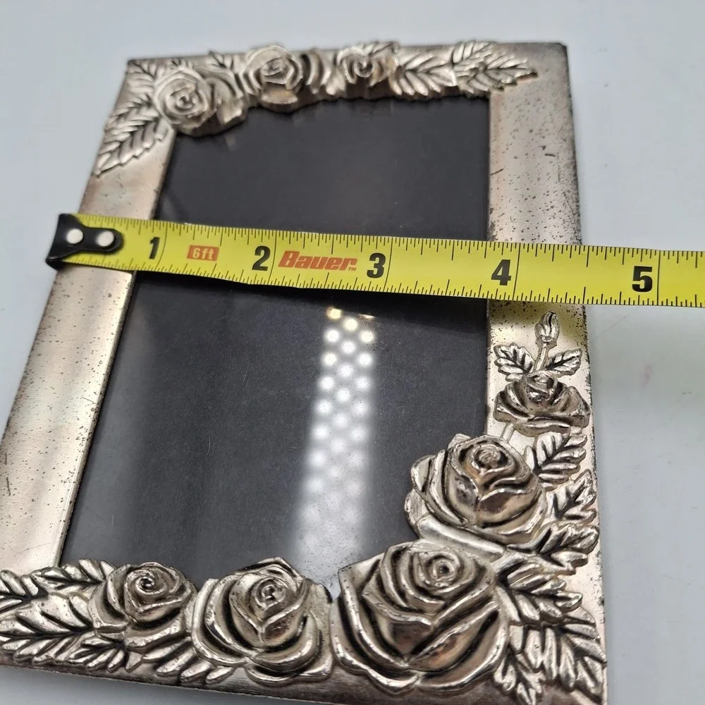 Vintage Silver Tone Metal Rose Picture Frame Ornate Floral 3.5x5 Tabletop Easel